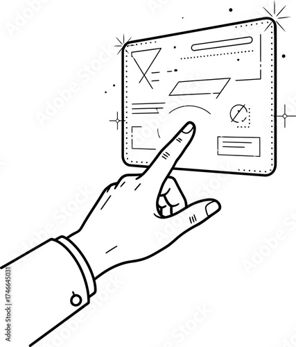 Hand touching digital screen with abstract geometric shape. Future technology concept. Human interaction with haptic display. Vector graphic for interface design
