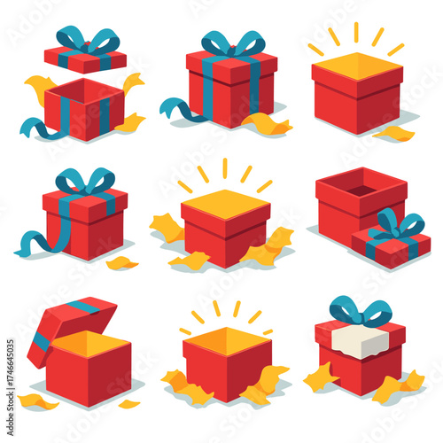 Glowing Gift Unveiled. Present opened flat icon set. unwrapped package, ribbon off box, scattered wrap, glowing open present, empty box with lid, festive unwrapped gift, paper torn