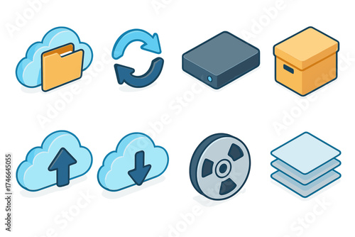 Cloud Storage Icons. Hybrid cloud storage isometric set. folder in cloud, sync arrows, external drive, archive box, cloud upload, cloud download, tape reel, layered files.