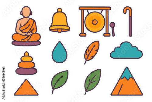 Minimal Meditation Icons. Monastic robe flat icon set. seated figure, meditation pose, cushion, bell, gong, staff, water drop, stone stack, feather, cloud, mountain, leaf.