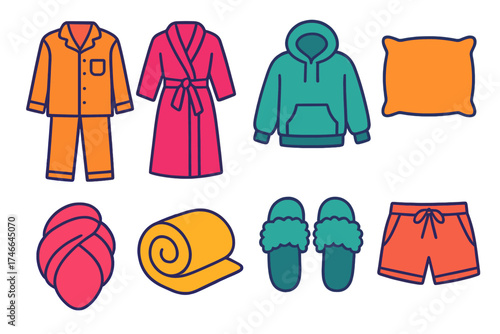 Vibrant Sleepwear Icons. Sleepwear flat icon set. pajama set, dressing gown, cozy hoodie, fuzzy slippers, pillow, hair wrap, blanket roll, sleep shorts.