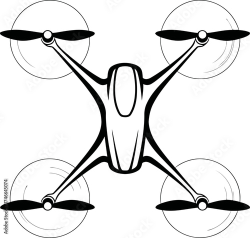 Drone quadrocopter top view with four propellers. Symbol of technology, innovation, modern aerial photography, videography. Vector outline illustration