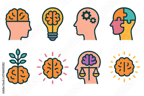 Conceptual Brain Icons. Mind symbols flat icon set. open brain, light bulb brain, gears in head, puzzle brain, tree growing from brain, spark brain, balanced mind, glowing aura
