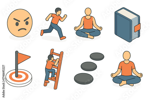 Persistence Icons Set. Personal Persistence isometric set. determined face, running figure, yoga pose, diary notebook, target flag, ladder climb, stepping stones, meditating figure