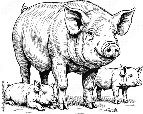 Pig with two piglets standing in an animal farm. Rural agriculture and livestock concept for kids coloring book. Vector illustration