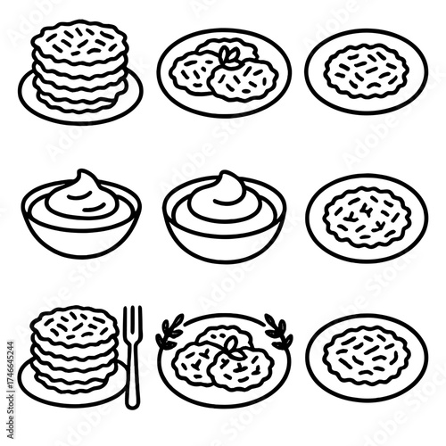 Festive Latke Feast. Holiday latkes outline set. plate with latke stack, latkes with garnish, single latke on dish, applesauce bowl, sour cream bowl, fork beside plate, festive