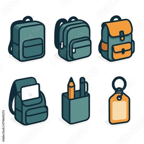 Isometric Backpack Icons. Backpack icon isometric set. square backpack, double zippers, flap cover, laptop pocket, pen holder, keychain tag