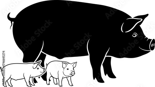 Black silhouette of a mother pig with two small piglets. Farm animal family concept. Vector illustration for agriculture, butchery, market design