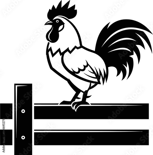 Rooster standing on wooden fence. Domestic animal farm chicken bird. Line art black and white style. Vector illustration for logo, icon, sign