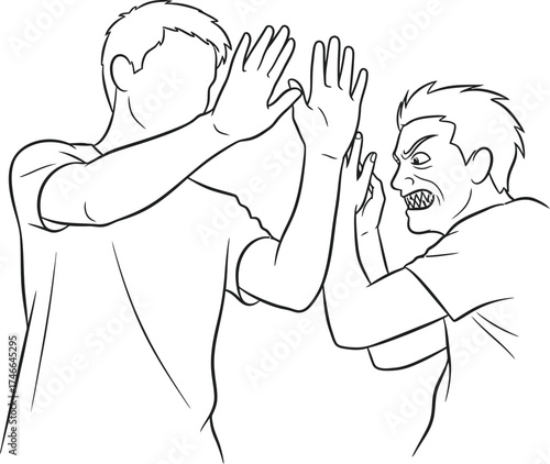 Man pushing away angry man, stop aggression and violence, conflict situation. Monochrome thin line stock vector illustration