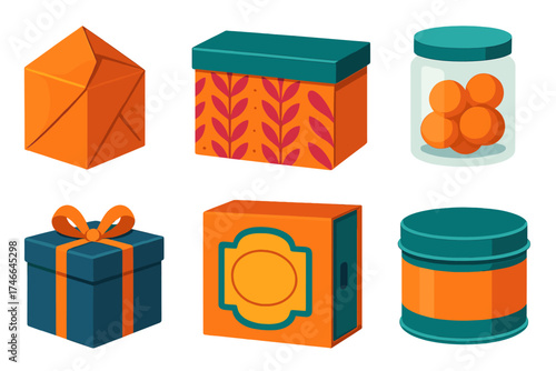 Colorful Packaging Icons. Creative Packaging flat icon set. origami fold, patterned paper, wax seal, sliding drawer box, transparent container, decorative ribbon, custom label