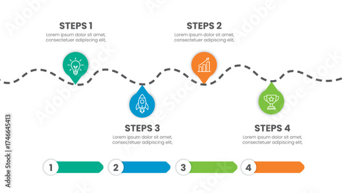 Modern business roadmap infographic for project planning and milestones. Timeline layout with step-by-step process chart for strategy presentation and workflow visualization. Vector illustration