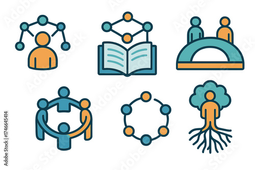 Support Network Symbols. Support network isometric set. people icons, connected dots, open book, bridge arch, unity circle, strong roots