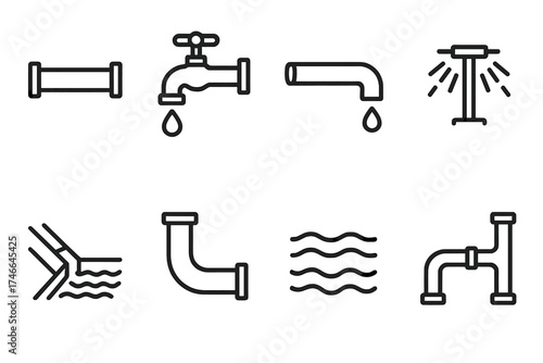 Water Pipe Icons. Water pipe outline set. long pipe, pipe with faucet, droplet from pipe, sprinkler spray, irrigation channel, curved joint, flow line, pipe system.