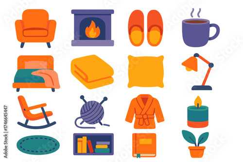 Cozy Home Essentials. Home Relaxation flat icon set. armchair, fireplace, slippers, warm mug, bed, soft blanket, pillow, lamp, rocking chair, knitting yarn, bathrobe, scented