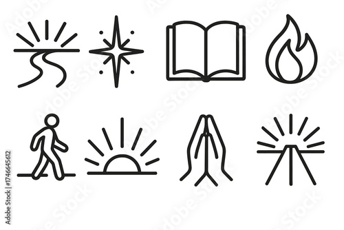 Symbols of Spiritual Journey. Journey of faith outline set. road with light, shining star, open scripture, glowing flame, walking figure, horizon rays, prayer gesture, spiritual