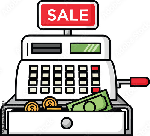 An illustration of a vintage cash register with a 'SALE' sign, displaying cash and coins in its open drawer.