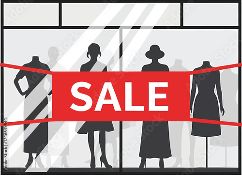 A red banner with the word SALE written in white is displayed across a store window with mannequins dressed in fashion.