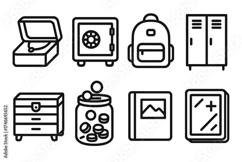 Personal Item Icons. Personal Items outline set. jewelry box, safe, backpack, locker, tool chest, coin jar, photo album, medicine cabinet.