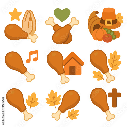 Isometric Thanksgiving Turkey Icons. Symbolic feast isometric set. gratitude turkey leg, unity turkey leg, abundance turkey leg, tradition turkey leg, joy turkey leg, family