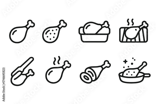 Turkey Leg Icons. Cooking outline icons. raw turkey leg, marinated turkey leg, turkey leg in oven tray, turkey leg on grill, turkey leg with tongs, steaming turkey leg, sliced