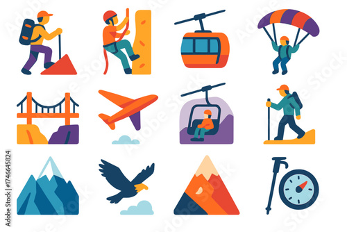 Adventure Icons Collection. Physical Elevation flat icon set. hiker, climbing rope, rock wall, mountaineer, cable car, cliff edge, parachute, skydiver, suspension bridge, glider