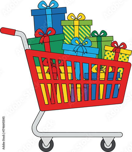 A bright red shopping cart overflowing with colorful gift-wrapped presents.