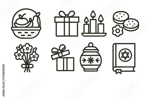 Festive Gift Icons. Festive offerings outline set. fruit basket, wrapped present, candle set, sweet treats, flower bundle, ribboned box, ornamented jar, symbolic book.