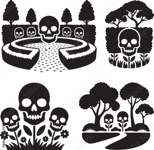 Eerie Garden Vector Illustration Featuring Skulls in Black and White Minimalist Design