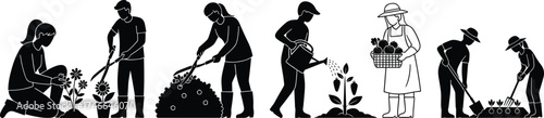 Gardening silhouette illustration, planting, pruning, watering, harvesting, digging, eco-friendly activity, black vector icons, garden tools, outdoor work, nature care, soil