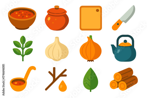 Rustic Cooking Icons. Rustic sauce flat icon set. wooden bowl, clay pot, cutting board, knife, herbs, garlic, onion, kettle, ladle, branch, leaf, droplet, firewood.