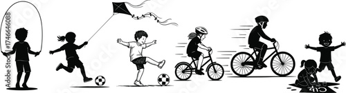 Children playing outdoors, jumping rope, flying kite, riding bicycles, drawing with chalk, enjoying active lifestyle, summer fun, teamwork, childhood activity, happy kids