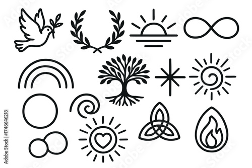 Symbols of Peace. Peaceful imagery outline set. dove, olive branch, laurel wreath, sunrise, rainbow arc, tree of life, infinity loop, glowing orb, radiant star, cosmic swirl