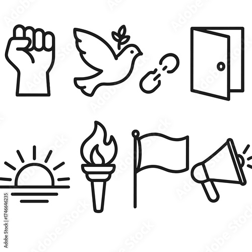 Symbols of Freedom. Freedom symbols outline set. raised fist, dove of peace, broken chain, open door, sun rising, torch of hope, waving flag, voice megaphone.