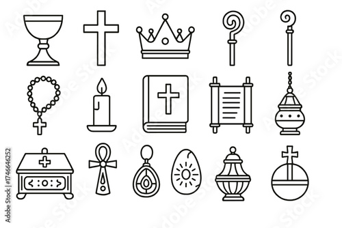 Sacred Symbols Collection. Sacred objects outline set. chalice, cross, crown, staff, rosary, candle, book, scroll, relic box, amulet, pendant, sacred stone, incense burner, censer