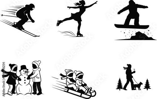 Winter sports and outdoor fun, skiing, snowboarding, ice skating, sledding, snowman building, dog walking, seasonal recreation, children activities, black and white vector illustration