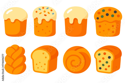 Colorful Festive Bread Icons. Festive bread flat icon set. sweet loaf, holiday cake bread, glazed top loaf, loaf with icing, fruit-studded bread, braided festive loaf, sliced sweet