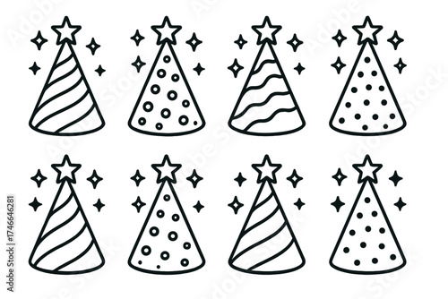 Festive Cone Designs. Festive cone outline set. hat with sparkles, curved stripes, dotted cone, star topper, bright hat, glowing cone, patterned hat, fun design.