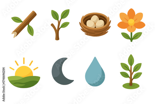 Isometric Renewal Icons. Renewal isometric set. broken branch, regrowing twig, nest with eggs, open flower, sunrise horizon, new moon, water droplet, young tree.