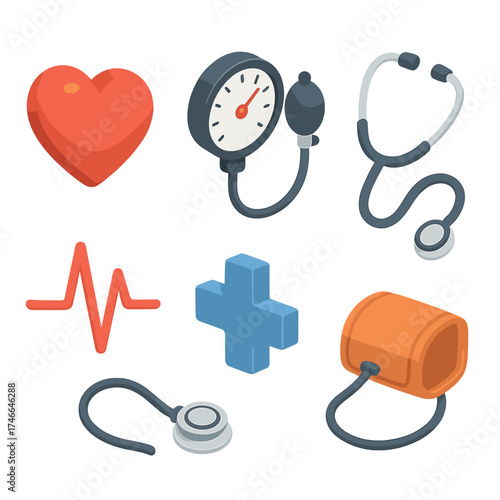 Blood Pressure Icons. Blood pressure isometric set. heart icon, pressure gauge, stethoscope, heartbeat line, medical cross, arm cuff