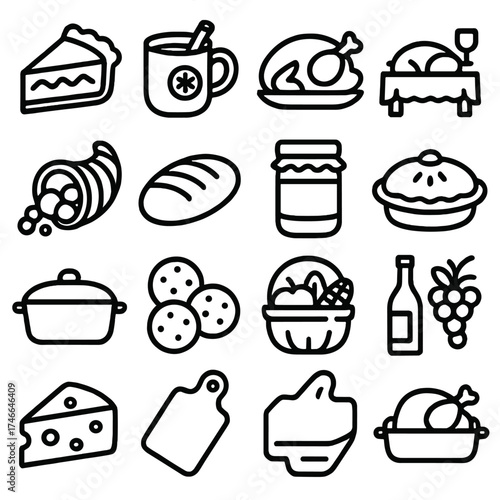 Festive Feast Outlines. Festive symbols outline set. pie slice, mug of cider, turkey, feast table, cornucopia, bread loaf, jam jar, pie dish, casserole, cookies, harvest basket