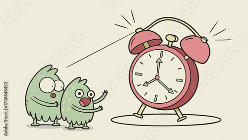 Alarm Clock and Characters Cartoon Illustration.