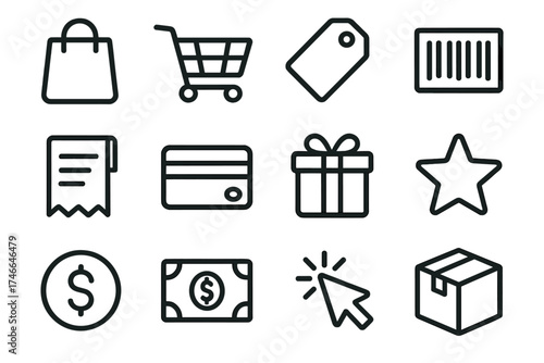 Shopping Icons Collection. Shopping bag outline set. bag, cart, price tag, barcode, receipt, credit card, gift box, star, coin, dollar bill, cursor, package.