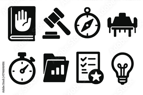 Brutalist Accountability Icons. Accountability silhouette set. oath book, justice gavel, compass, meeting table, time tracker, report folder, checklist star, light bulb.