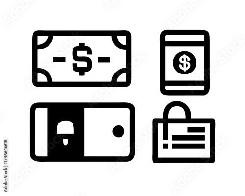 Icon set featuring money, wallet, and shopping bag