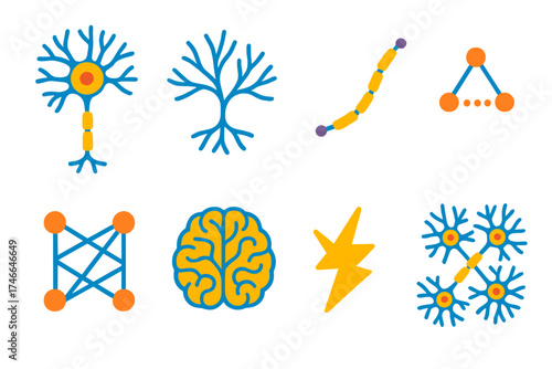 Vibrant Neuron Icons. Neuron basics flat icon set. single neuron, branching dendrites, axon line, synapse dots, neural network, brain outline, electrical spark, clustered neurons.