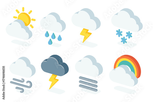 Isometric Weather Icons. Weather clouds isometric set. sunny cloud, rainy cloud, storm cloud, snowy cloud, windy cloud, thunder cloud, foggy cloud, rainbow cloud.