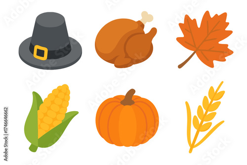 Pilgrim Hat Icons. Pilgrim hat isometric set. tall buckle hat, turkey icon, autumn leaf, harvest corn, pumpkin, wheat stalk
