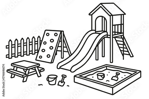 Playground Adventure Elements. Playground slide outline set. double slide, climbing wall, slide tower, sandbox toys, picnic table, fence gate