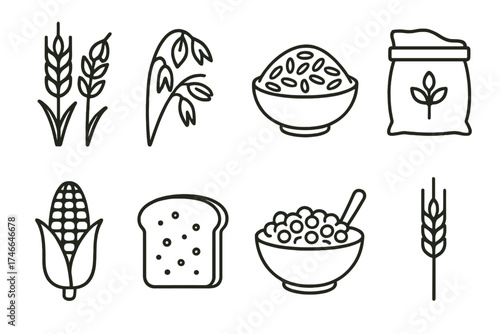 Grain Icons Collection. Natural grains outline set. grain stalks, oat flakes, rice icon, grain sack, corn cob, bread slice, cereal bowl, barley stem.